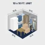 10x10 storage unit size diagram showing what fits: refrigerator, totes, sofa, boxes, suitcases, table