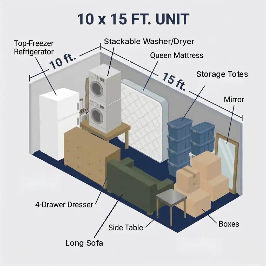 15x10 storage unit size diagram showing what fits: refrigerator, washer/dryer, queen mattress, dresser, sofa, totes, boxes