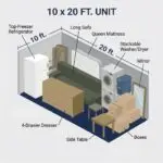 20x10 storage unit size diagram showing what fits: refrigerator, long sofa, queen mattress, washer/dryer, dresser, totes, boxes