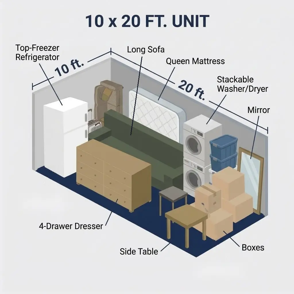 20x10 storage unit size diagram showing what fits: refrigerator, long sofa, queen mattress, washer/dryer, dresser, totes, boxes