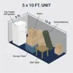 5x10 storage unit size diagram showing what fits: refrigerator, boxes, totes, side table, rolled mattress