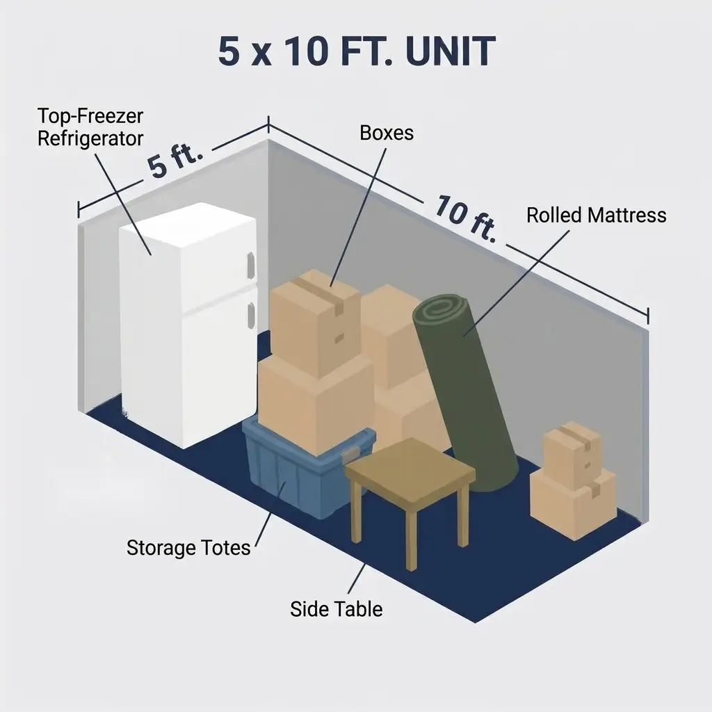 5x10 storage unit size diagram showing what fits: refrigerator, boxes, totes, side table, rolled mattress
